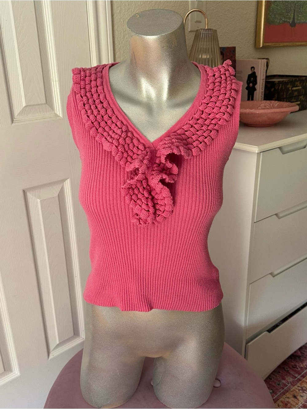 F.L. Malik Vintage 90s Pink Ribbed Knit Sleeveless Crochet Ruffle Top